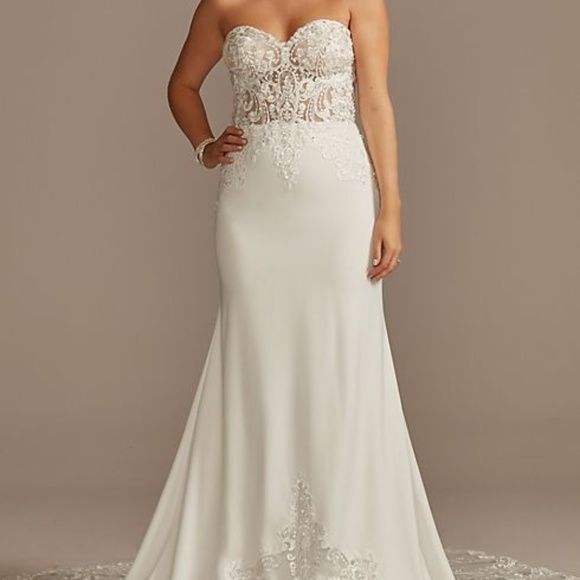 sheer beaded bodice organza a line wedding dress galina signature Mermaid Strapless Court Train Lace Stretch Satin Wedding Dress COCOMELODY CW3266, 35 Days / As Picture:Ivory/Sand / US2-UK4-EUR32 main image 1